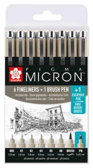 Sakura Pigma Micron Etui Promotieset met 7 fineliners Zwart + 1 gratis Pigma Micron PN