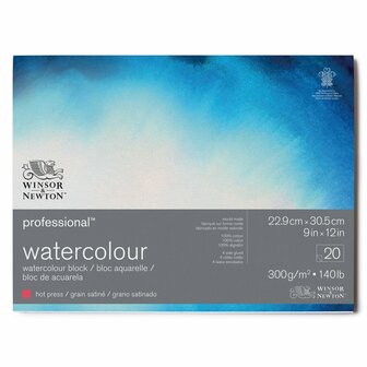 22,9 x 30,5 cm - 20 vellen Professional Aquarelblok 4-zijdig gelijmd 300 gram Hot Pressed / Grain Satin&eacute; van Winsor &amp; Newton