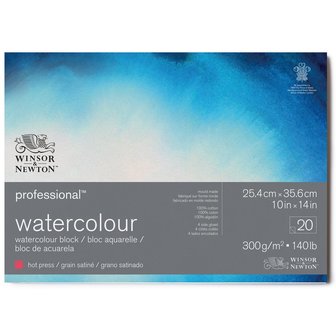 25,4 x 35,6 cm - 20 vellen Professional Aquarelblok 4-zijdig gelijmd 300 gram Hot Pressed / Grain Satin&eacute; van Winsor &amp; Newton