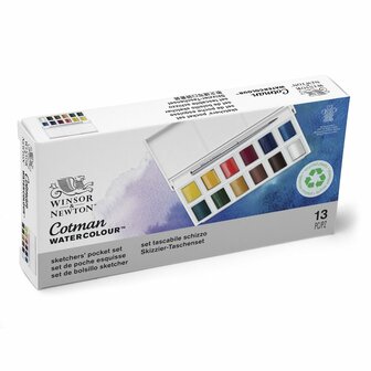 Sketchers Pocket Box 12 halve napjes + 1 penseel Set halve napjes van Winsor &amp; Newton Cotman Water Colours Set 640