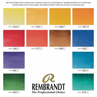 12 x 10 ML metalen set Landschapsselectie Rembrandt Professionele Aquarelverf