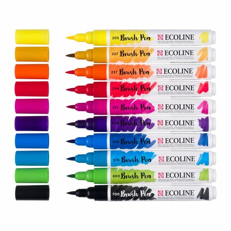 Set van 10 Primaire kleuren Ecoline Brushpennen in kartonnen etui van Talens