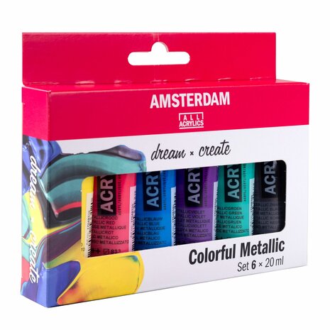 Kleurrijke metallic set Amsterdam Standard Series Acrylverf 6 x 20 ml Voorkant set