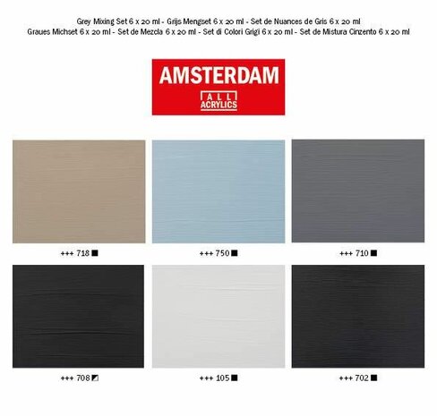 Grijze tinten set Amsterdam Standard Series Acrylverf 6 x 20 ml kleurenkaart van deze set