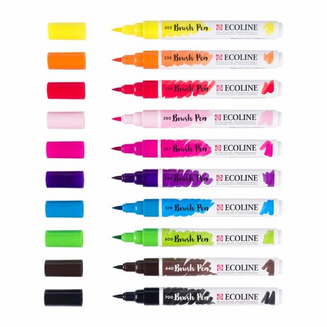 Set van 10 Heldere kleuren Ecoline Brushpennen in kartonnen etui van Talens inhoud van set punten van brushpen zijn zichtbaar