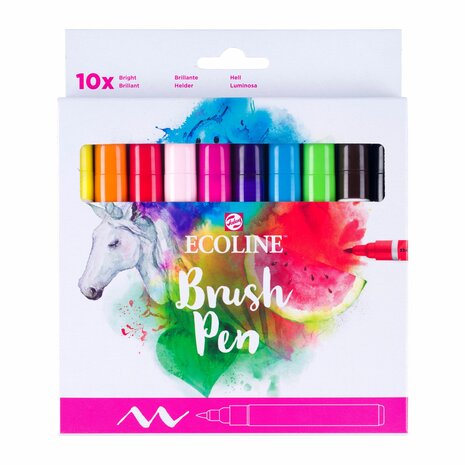 Set van 10 Heldere kleuren Ecoline Brushpennen in kartonnen etui van Talens Voorkant van set