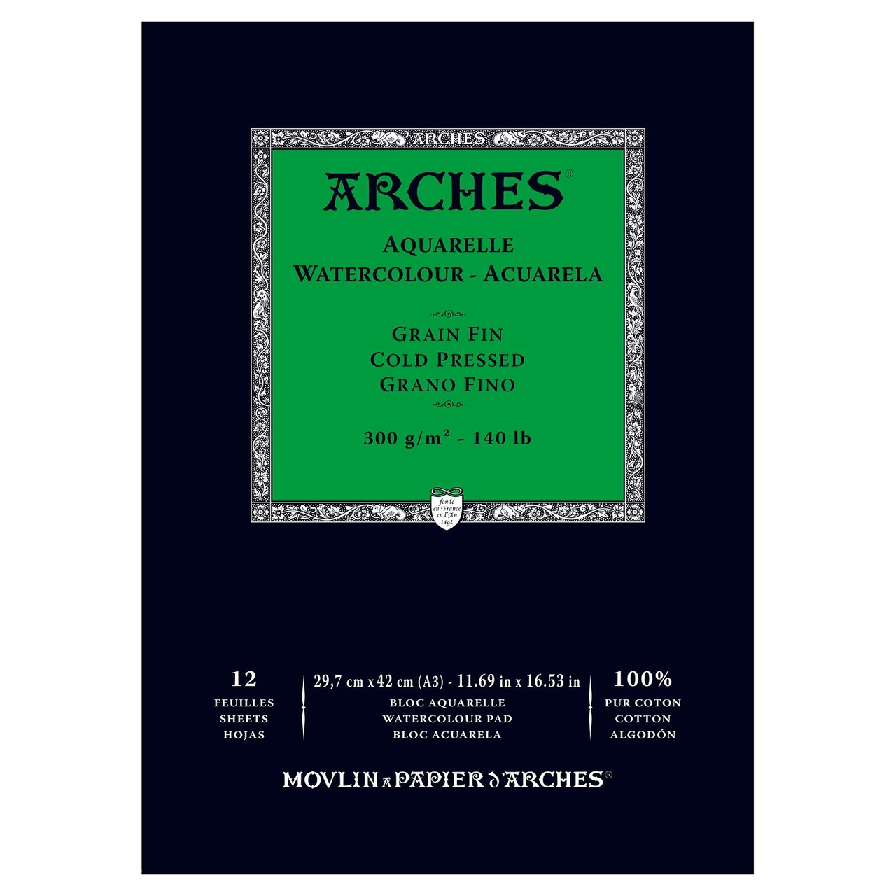 Bloc de papier aquarelle Arches 140lb/300g 8 x10 grain fin (cold pressed)  20 f. par