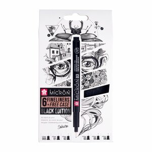 Cadeau set Pigma Micron Black Edition set + gratis etui | 6 pennen, zwart